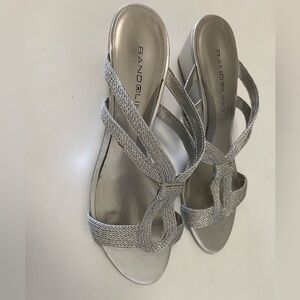 Bandolino, silver sandal, wedge heels, size 6 women’s